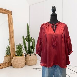 Alamwar Satin Pleated Sleeve Tassel Tie Neck Top